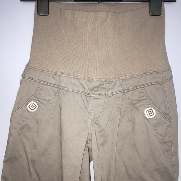 Jolt Maternity Juniors 3 Tan Cotton Blend Pull On Flat Front Flared Leg Khakis - Picture 2 of 11